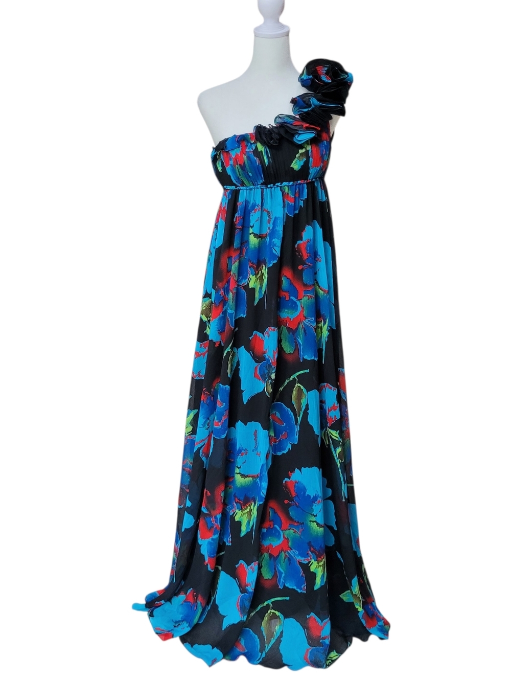 Aqua Bloomingdale's One Shoulder Empire Waist Chiffon Floral Ruffle Maxi Dress